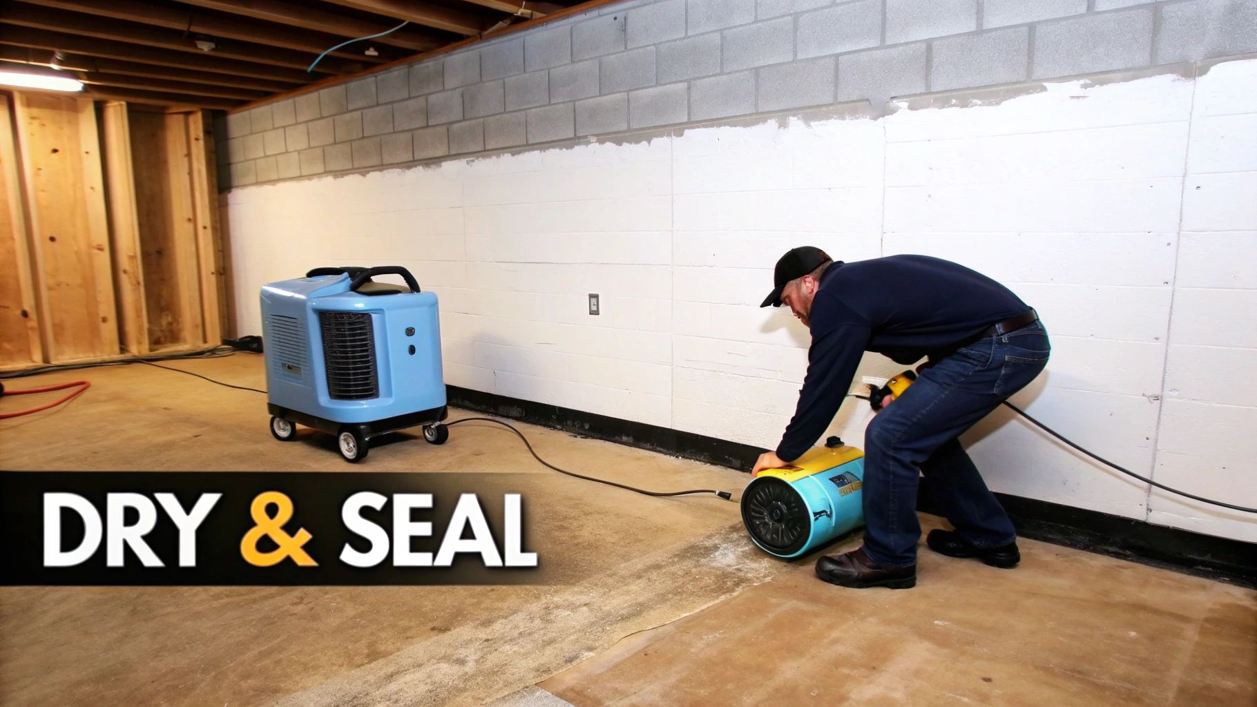 A man operates a floor drying fan in a basement with a large blue dehumidifier, as part of a dry and seal process.
