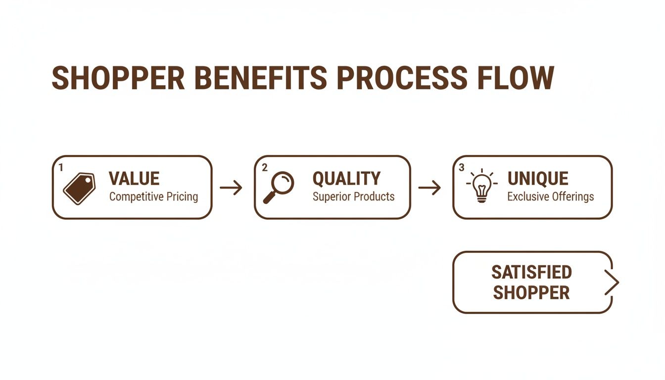 Flowchart detailing shopper benefits process: Value, Quality, and Unique offerings lead to a Satisfied Shopper.