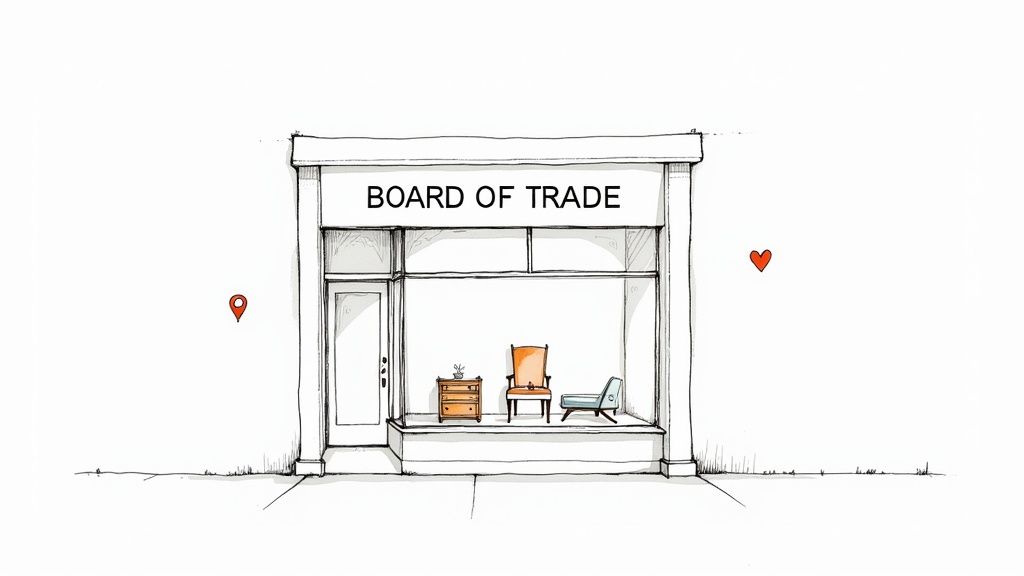 A hand-drawn storefront named 'Board of Trade' displaying vintage furniture and decor.