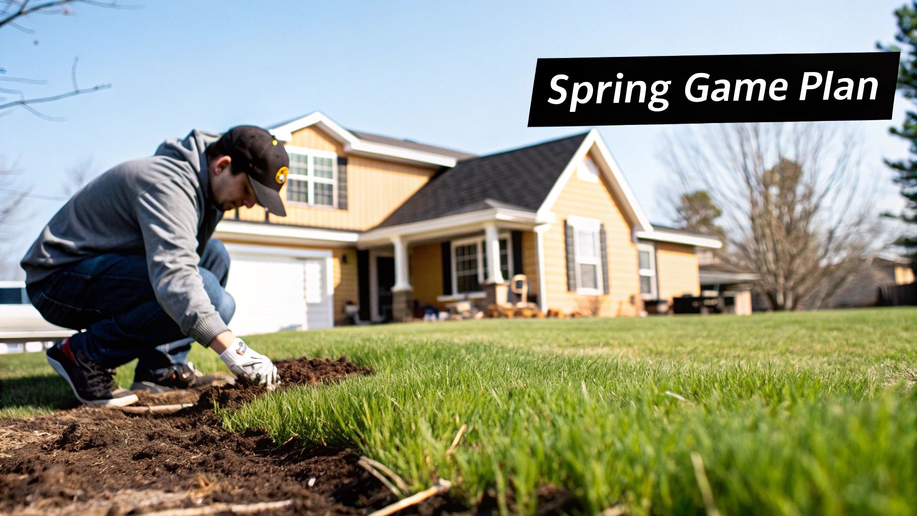 A man in gloves works on a lawn, planting in soil with a house in the background.