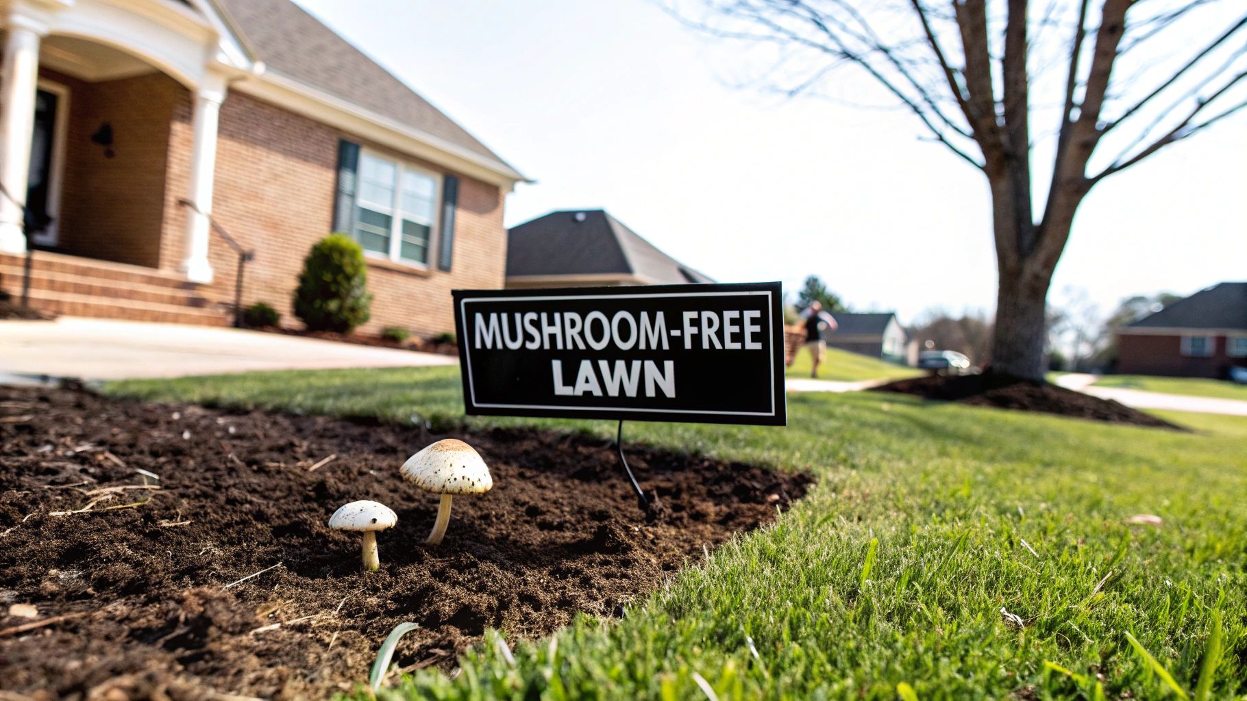 A black sign reading "MUSHROOM-FREE LAWN" is ironically placed next to two mushrooms growing in a yard.