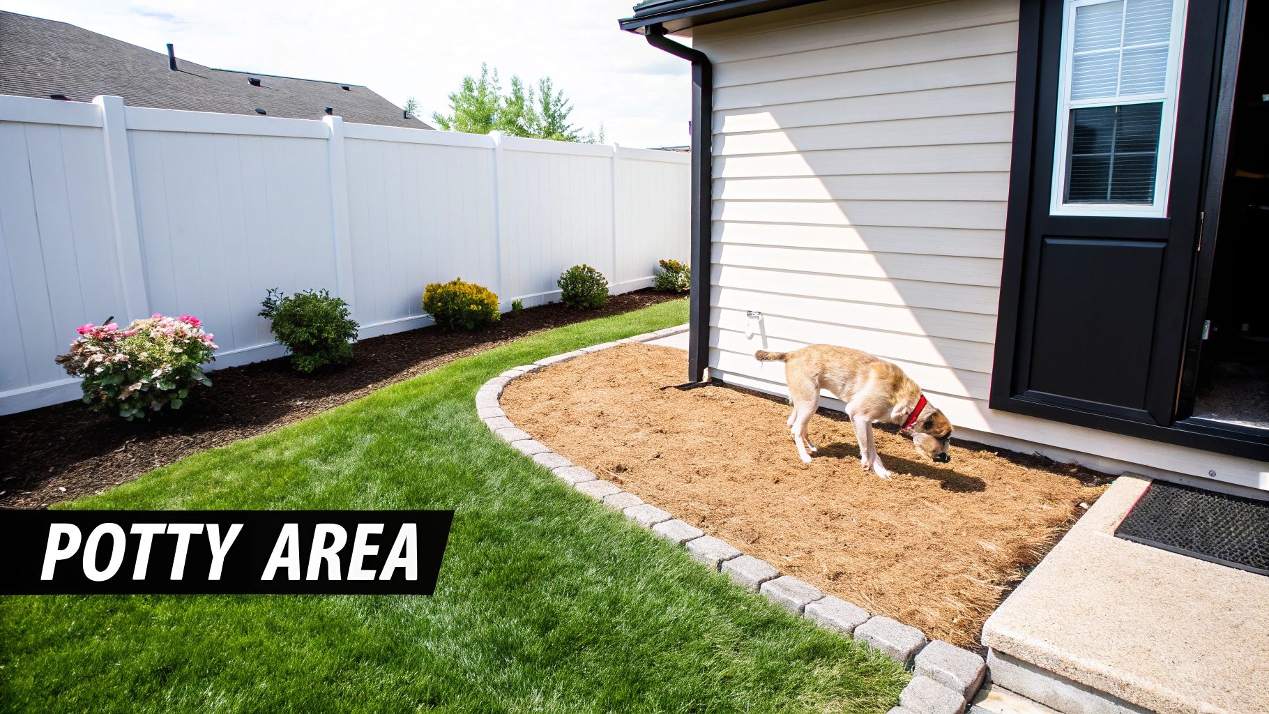 A dog sniffs a designated potty area with mulch in a backyard next to a house.