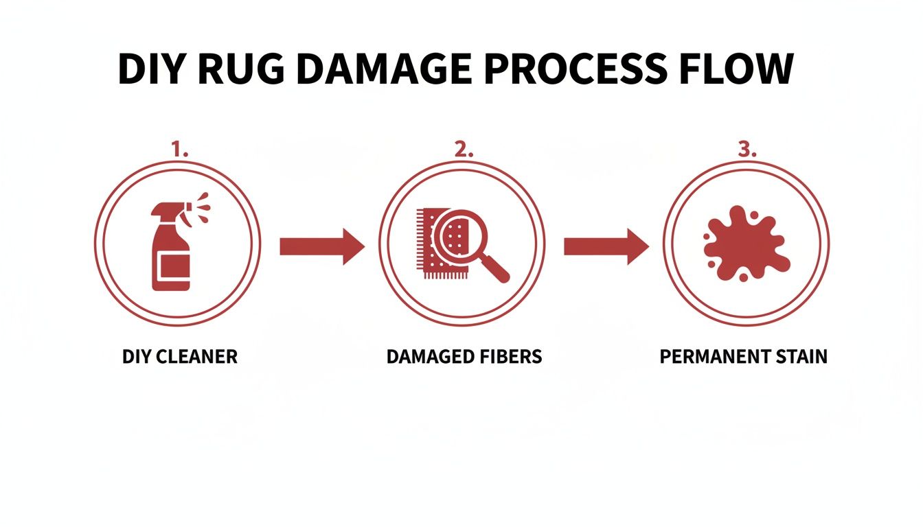Flowchart illustrating how DIY rug cleaning leads to damaged fibers and permanent stains.