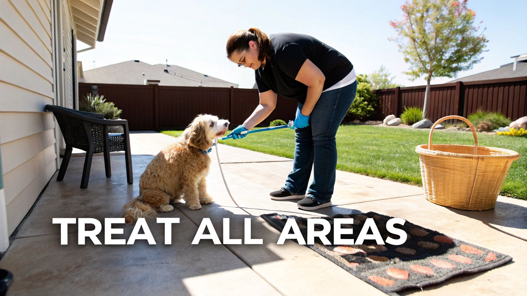 A woman in blue gloves treats a small, curly-haired dog on a concrete patio.