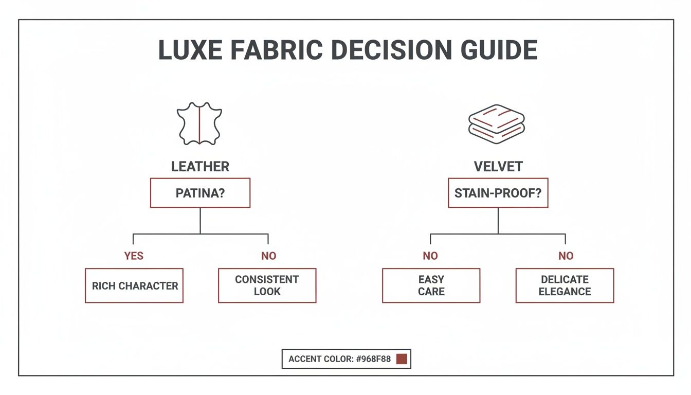 Luxe fabric decision guide flowchart comparing leather based on patina and velvet based on stain-proof characteristics.
