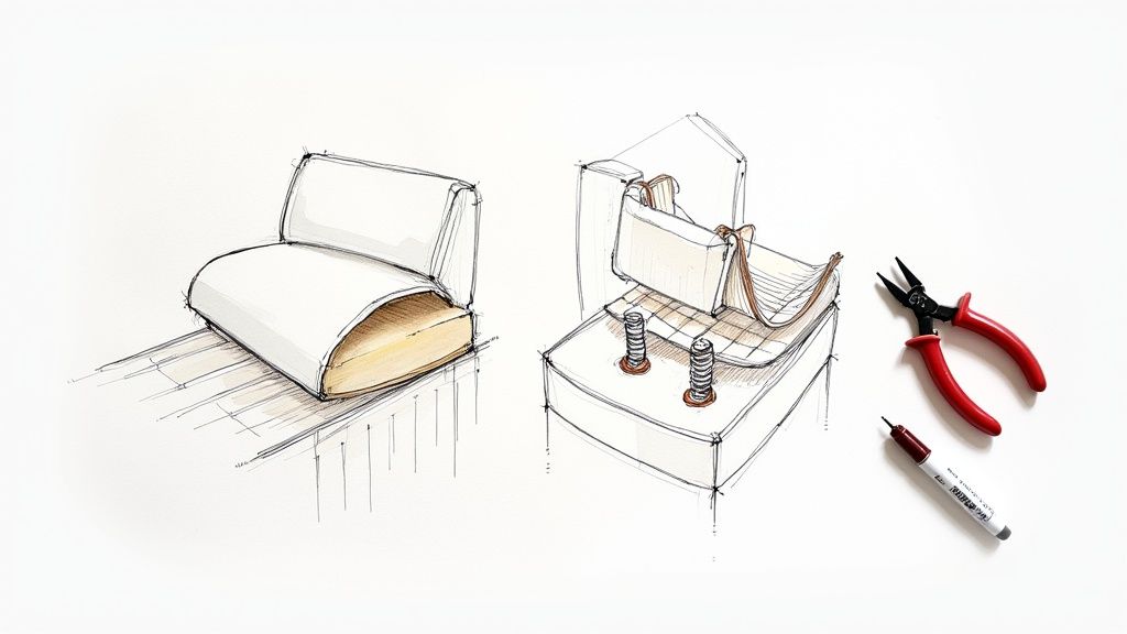 Detailed sketches illustrating sofa cushion construction and support mechanisms, alongside pliers and a marker.