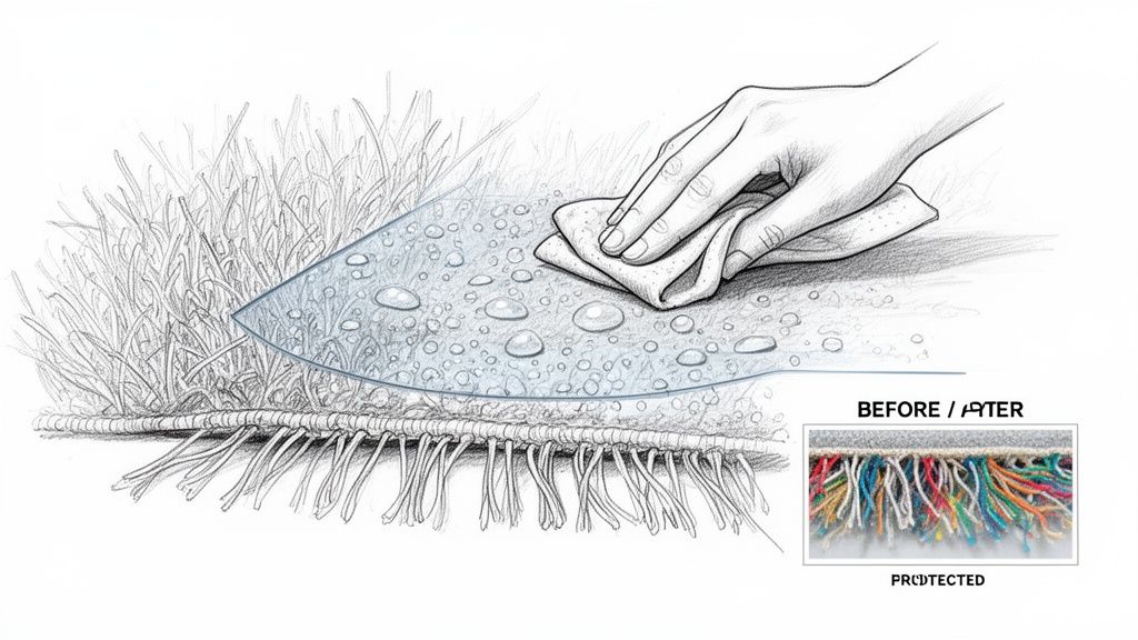 Illustration of a hand wiping water droplets off a protected carpet, showcasing its waterproof fibers.