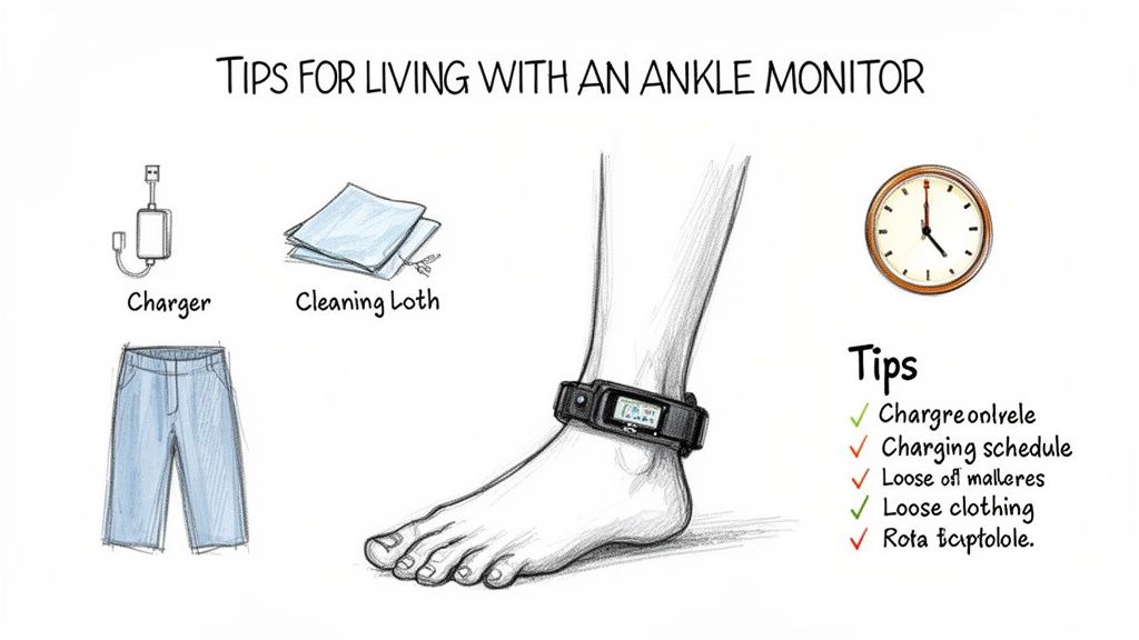 Illustration showing essential tips for living with an ankle monitor, including a charger, cleaning cloth, loose clothing, and a charging schedule.