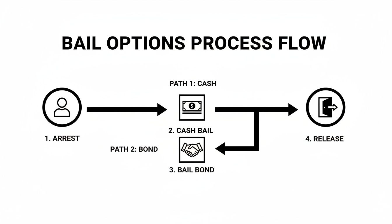 Flowchart illustrating the bail options process, showing cash bail or bail bond leading to release after an arrest.