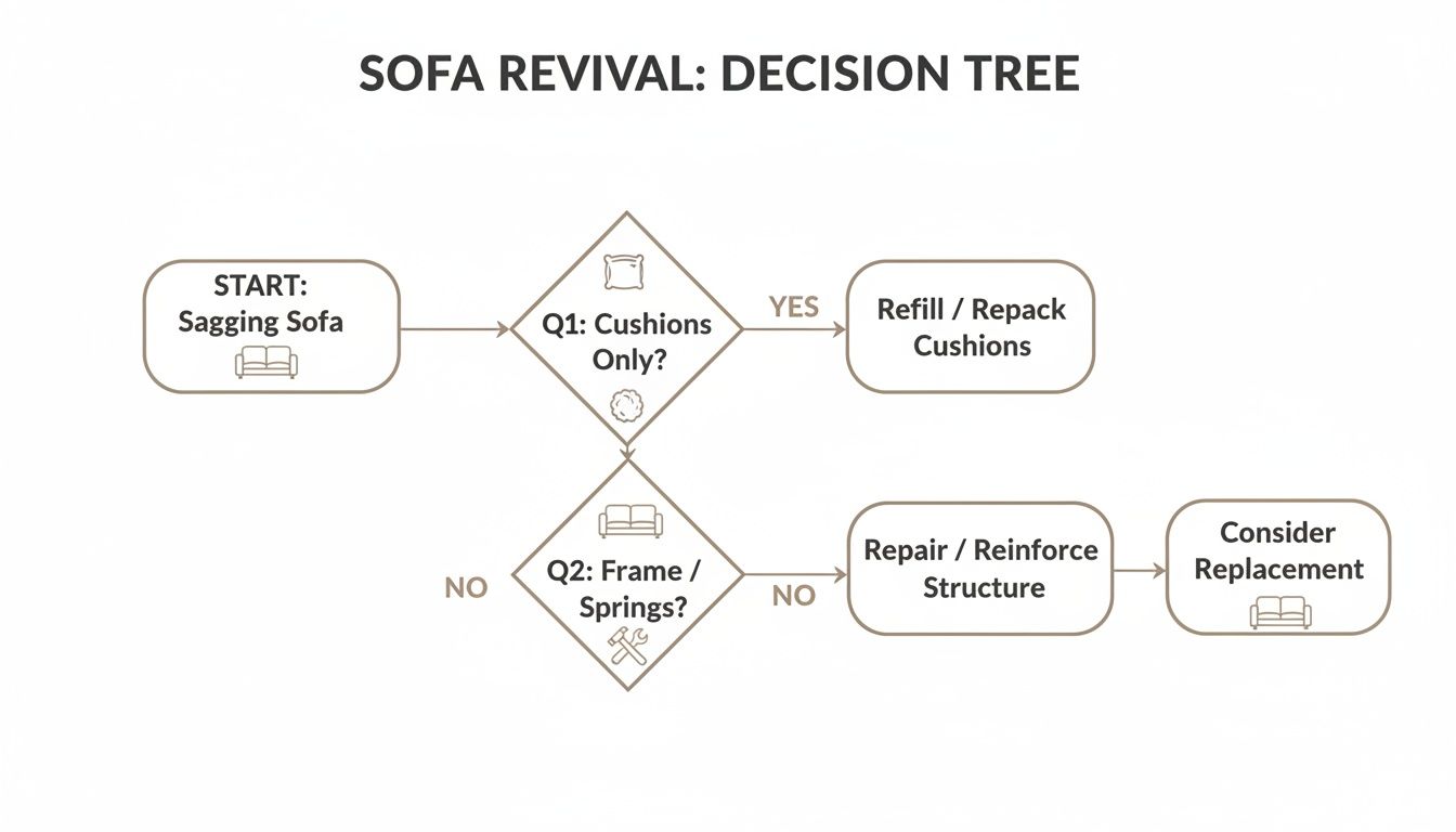 Decision tree flowchart showing steps to fix a sagging sofa, addressing cushions, frame, and springs.