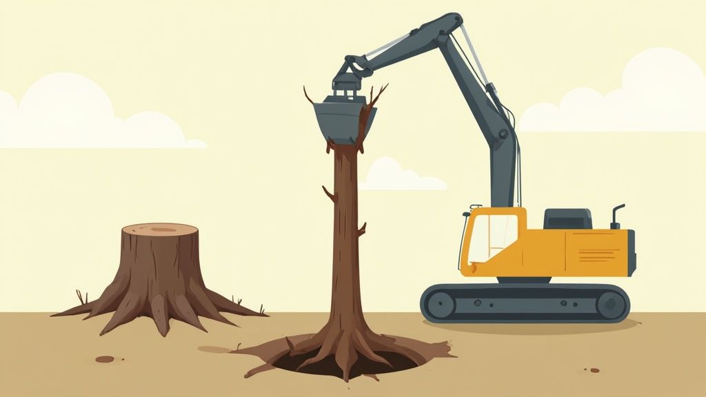 A large excavator digging out a massive tree stump and its root system in a residential yard.