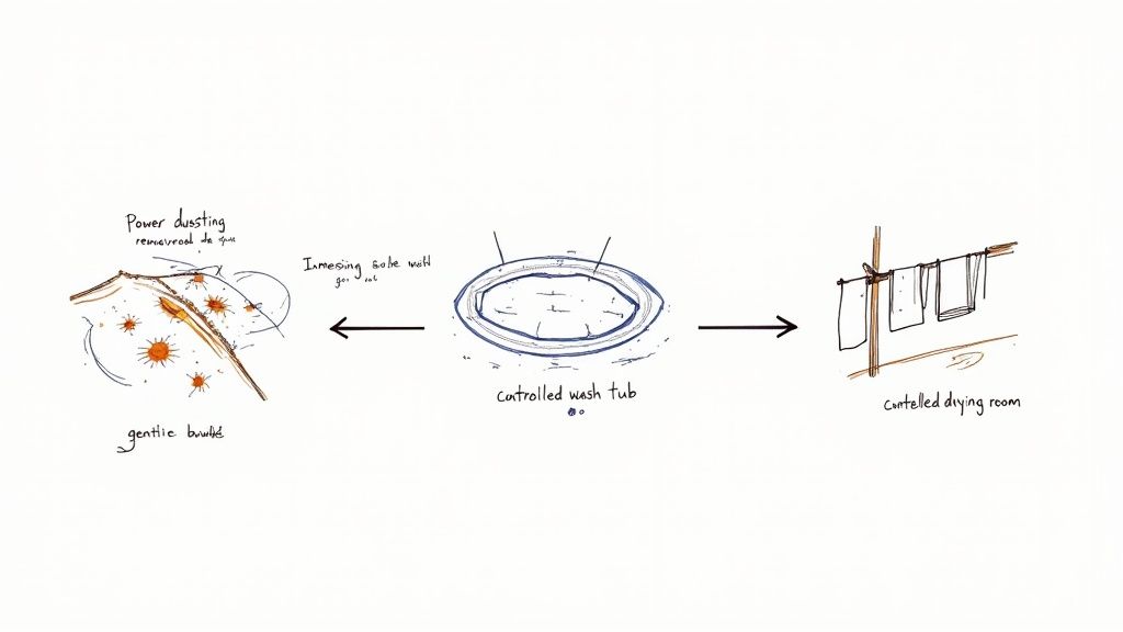 Diagram illustrating a three-step cleaning process for textiles: dusting, washing in a tub, and controlled drying.