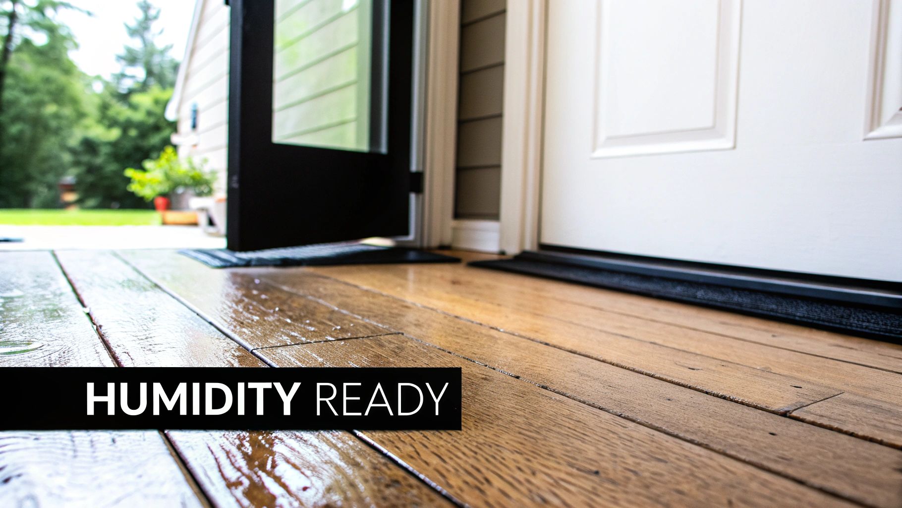 Wet wooden flooring extends from an open door into a home, featuring a 'HUMIDITY READY' banner.
