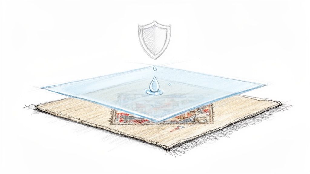 Hand-drawn illustration depicting a rug with a protective layer, repelling water from its surface.