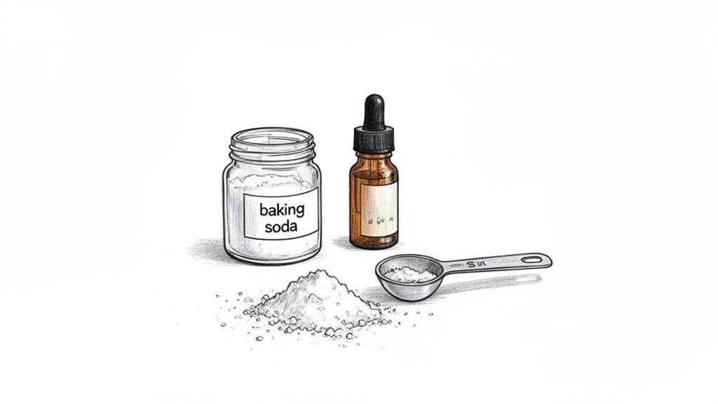 A jar of baking soda, a dropper bottle, and a measuring spoon with powder for making carpet deodorizer.