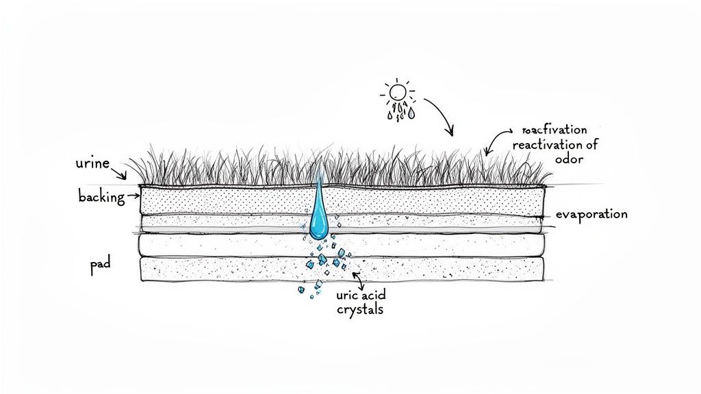 Diagram illustrating pet urine penetrating artificial turf layers, forming uric acid crystals, and reactivating odor.