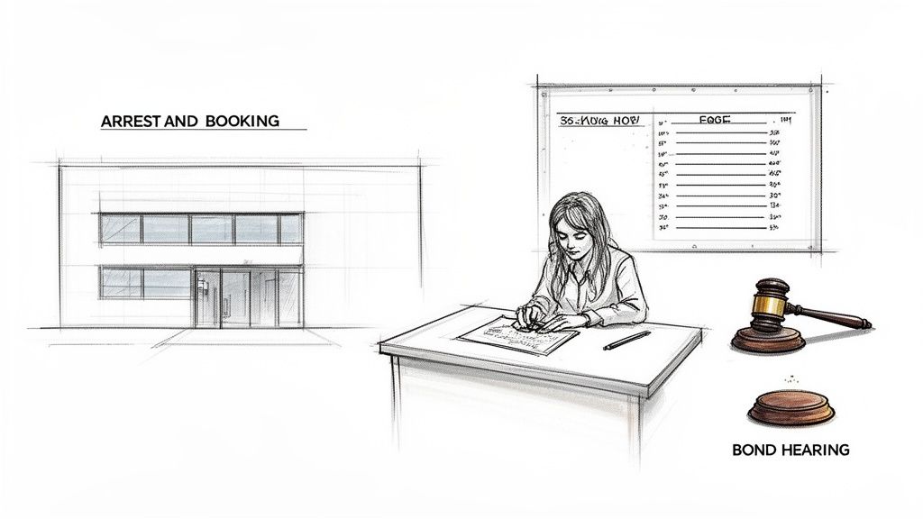 Sketches illustrating the legal process from arrest and booking to a bond hearing.