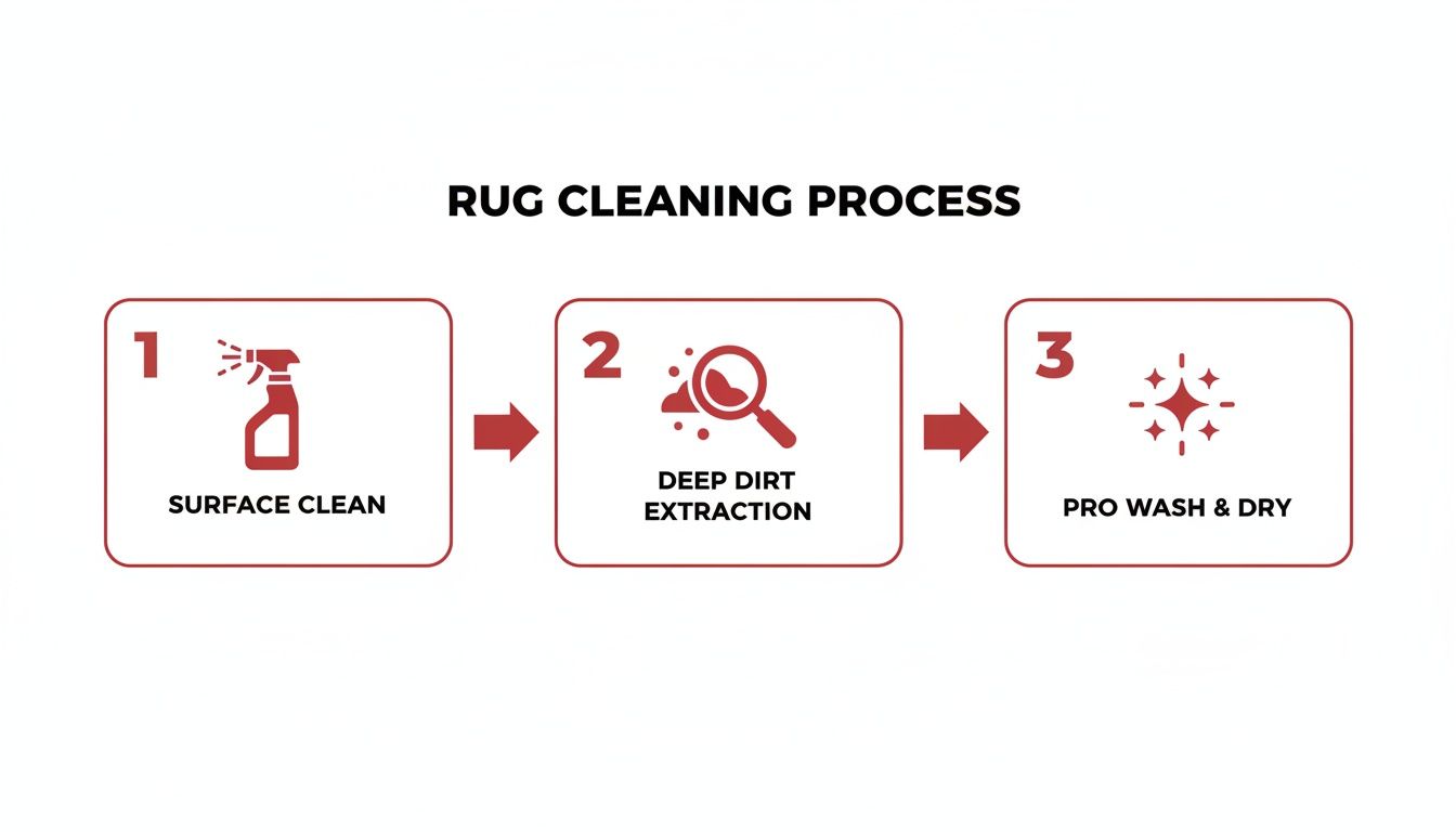 A visual guide illustrating a three-step rug cleaning process: surface clean, deep dirt extraction, and pro wash and dry.