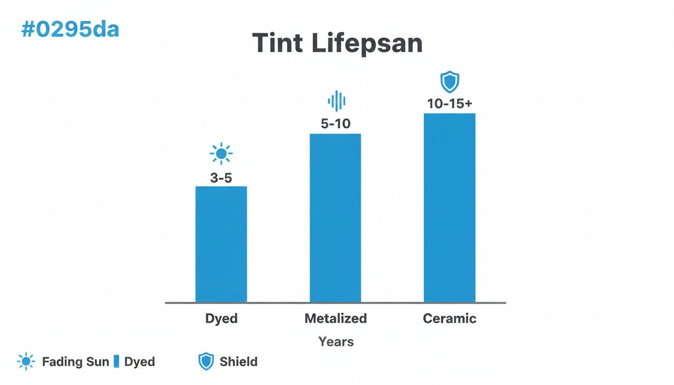 Bar chart illustrating tint lifespan: Dyed (3-5 years), Metalized (5-10 years), Ceramic (10-15+ years).