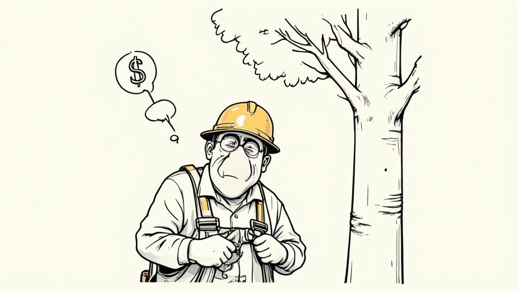 A tree service crew member wearing safety gear, including a helmet and harness, working carefully.