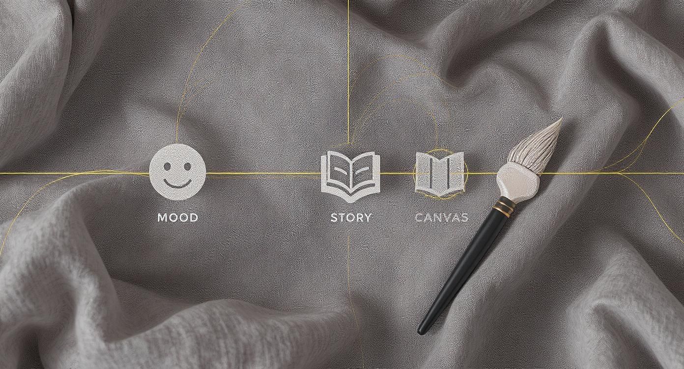 A creative journey: mood, story, canvas icons, and a paintbrush on grey textured fabric.