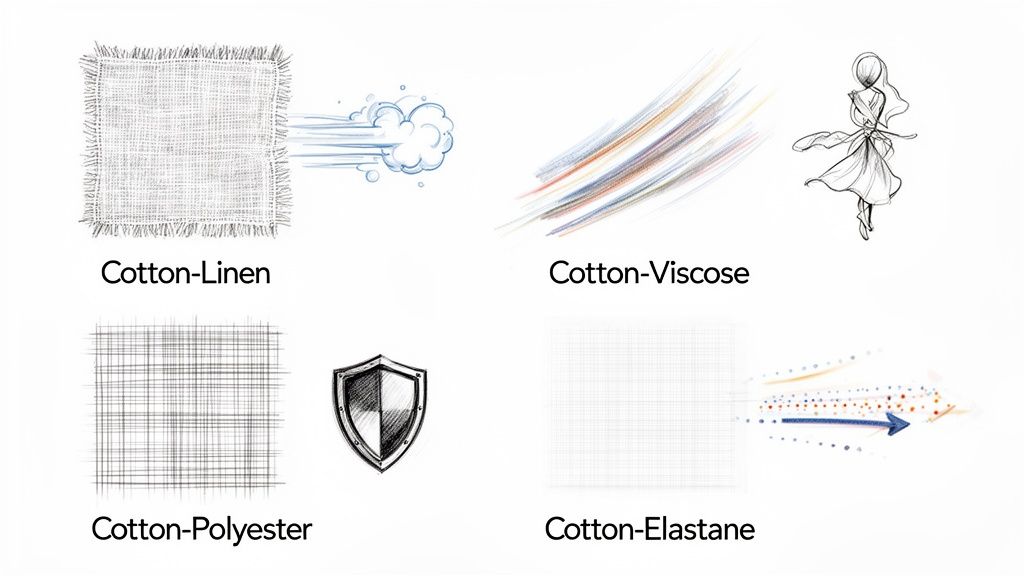 Image showing four cotton fabric blends: Cotton-Linen, Cotton-Viscose, Cotton-Polyester, Cotton-Elastane, highlighting their properties.