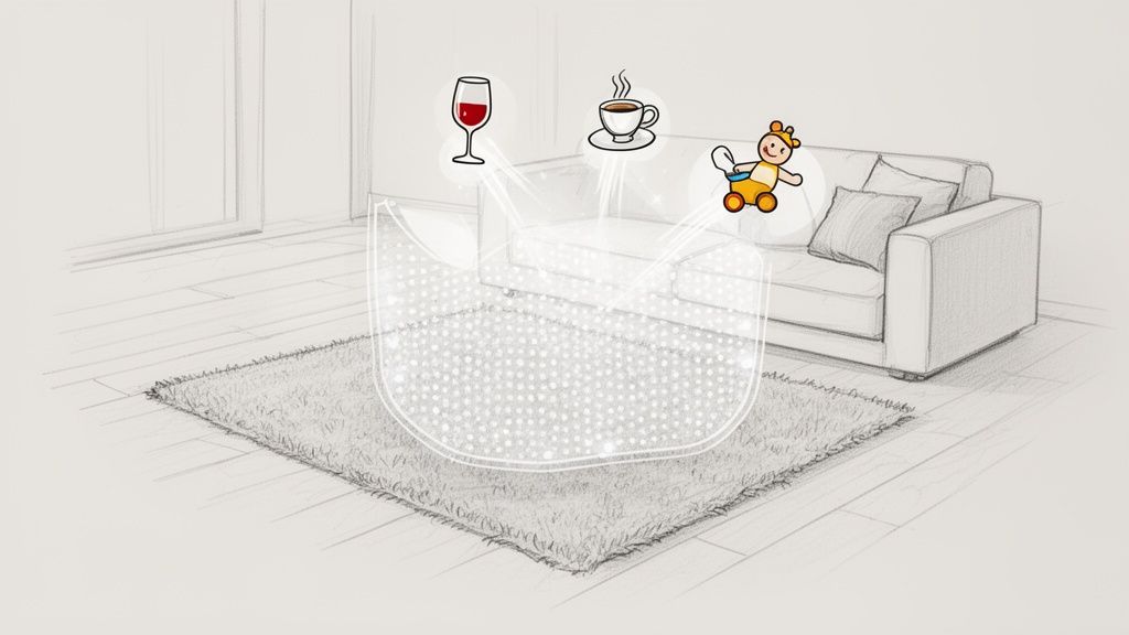 A sketch of a living room with a rug showing a stain-protected area and icons of common spills.