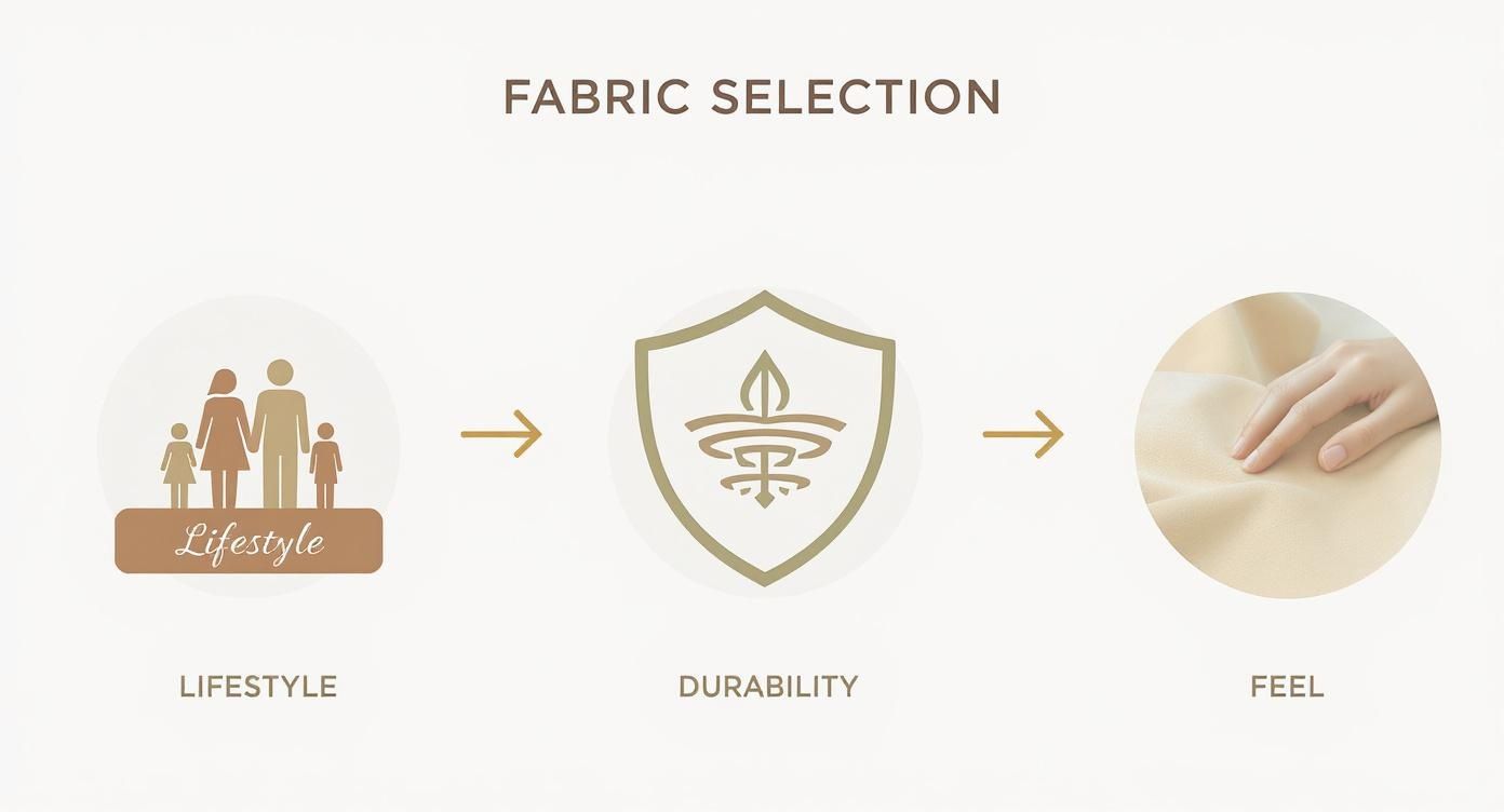 A diagram illustrating fabric selection criteria: Lifestyle, Durability, and Feel, shown with icons and text.