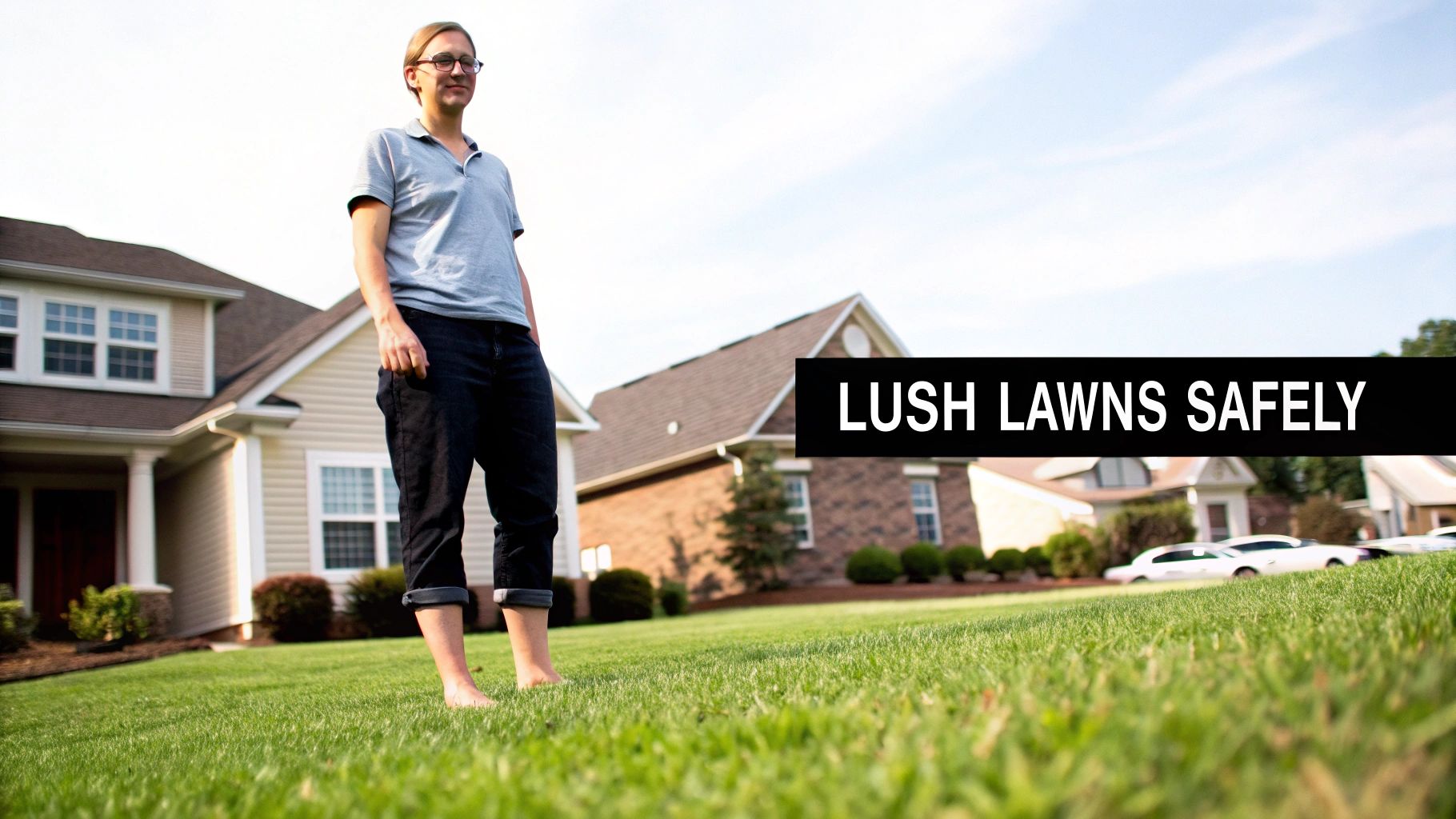 A person stands barefoot on a vibrant green lawn in front of houses with the text "LUSH LAWNS SAFELY".