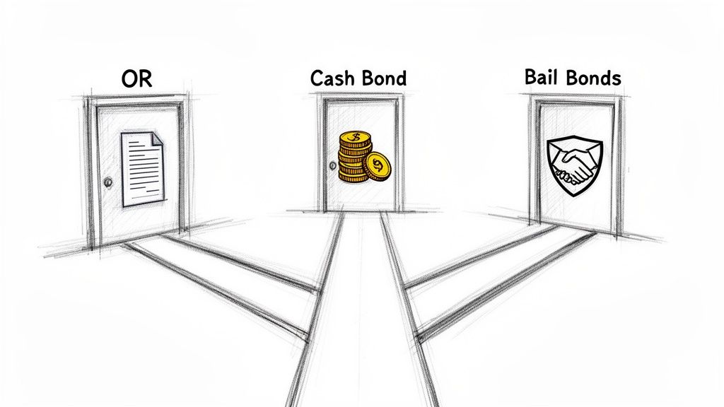 Illustration of three doors labeled OR, Cash Bond, and Bail Bonds, representing legal release options.