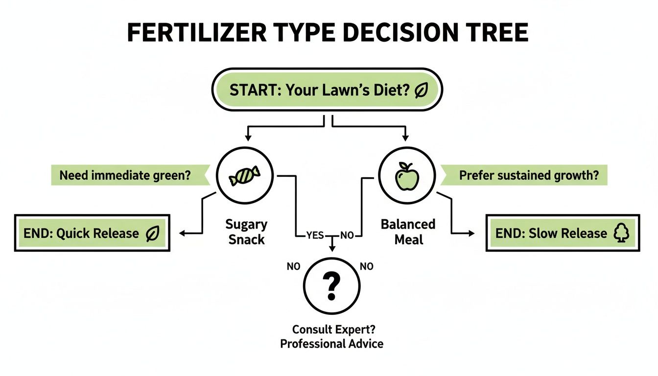 A fertilizer type decision tree guiding users to choose between quick release for immediate green or slow release for sustained growth.