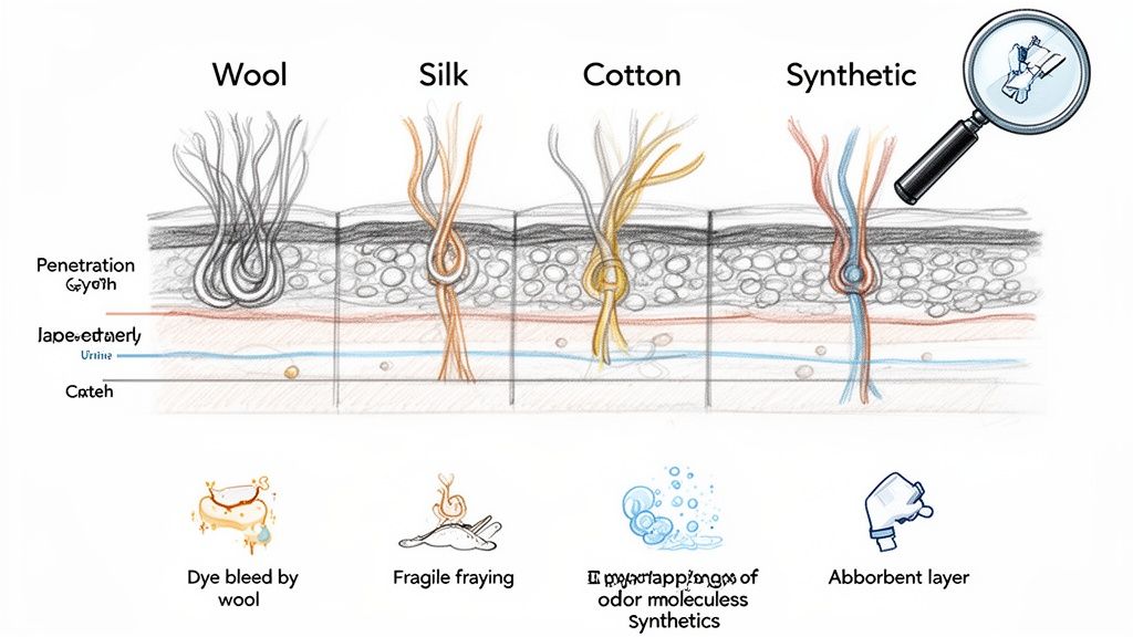 Illustration demonstrating how wool, silk, cotton, and synthetic fibers interact with a surface, detailing absorption and odor properties.
