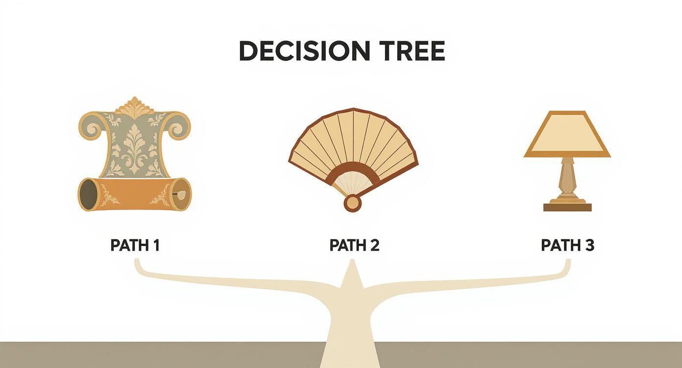A decision tree diagram displaying three paths, each represented by a different antique object: a scroll, a hand fan, and a table lamp.