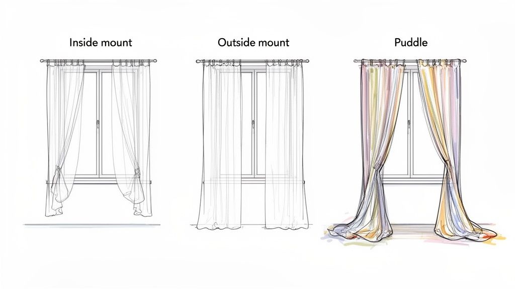 Illustrations of inside, outside mount, and puddle curtain hanging styles for window treatments.