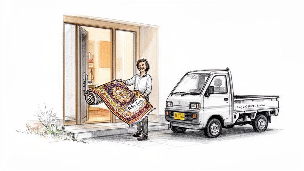 A smiling man holds a rolled-up, ornate rug labeled 'Odor Free' by a house and a small delivery truck.
