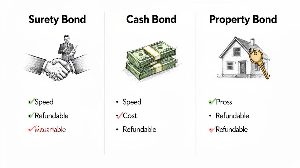 A comparison table explaining Surety Bond, Cash Bond, and Property Bond with features.