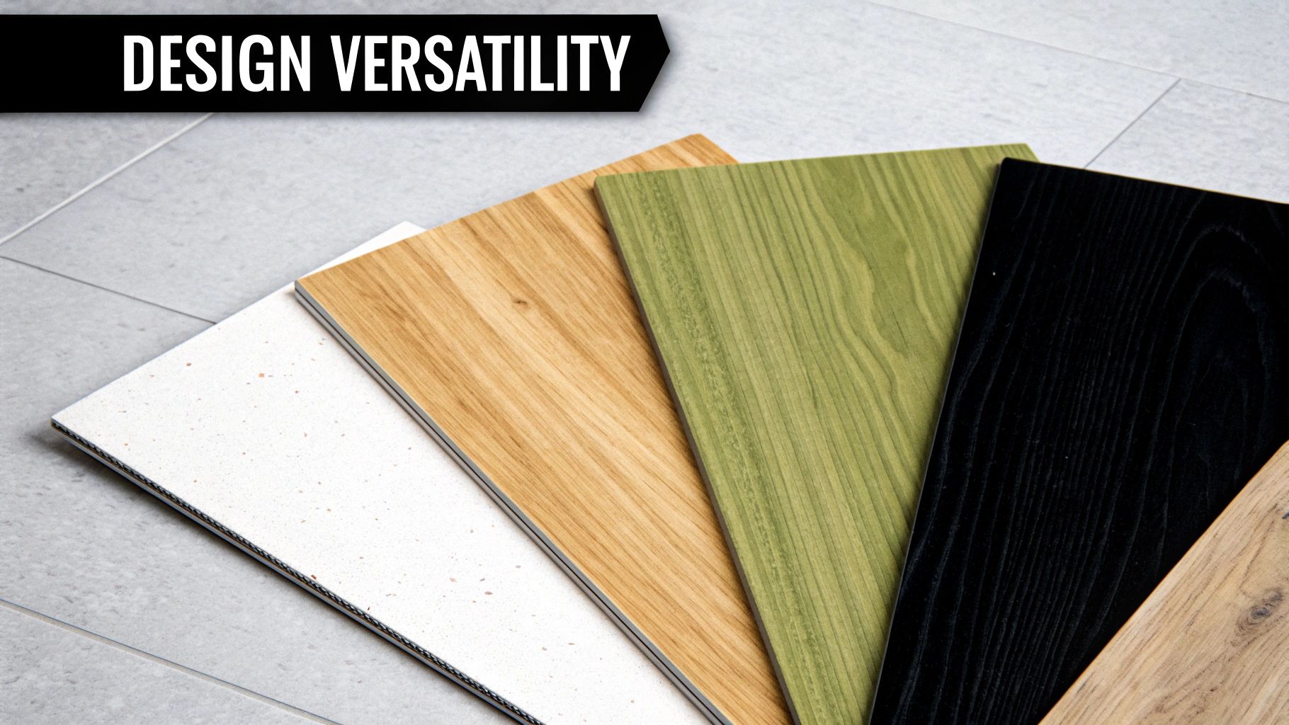 Close-up of diverse flooring samples including wood grain and speckled patterns, highlighting design versatility.