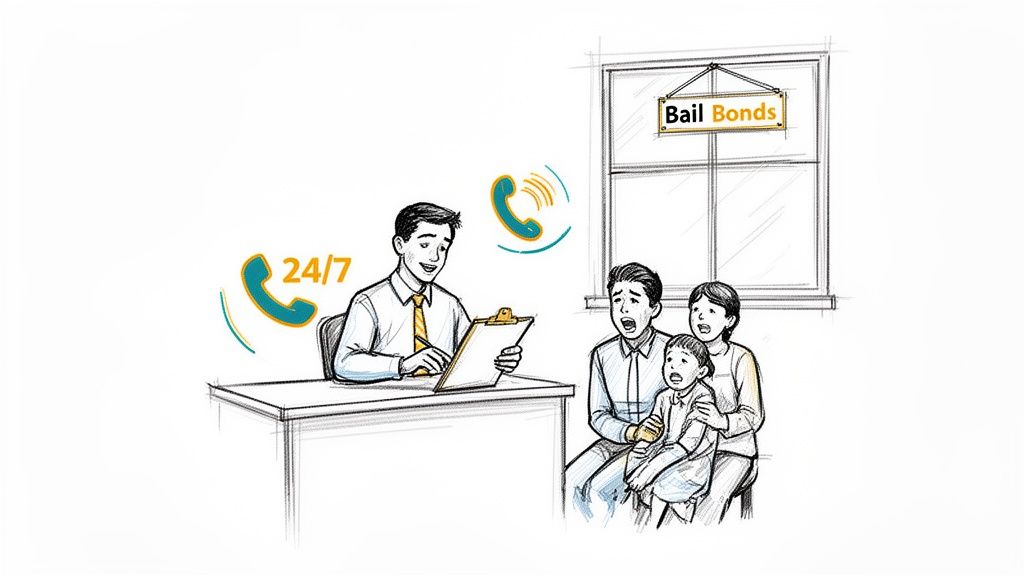 A bail bonds agent helps a worried family with 24/7 service, under a 'Bail Bonds' sign.