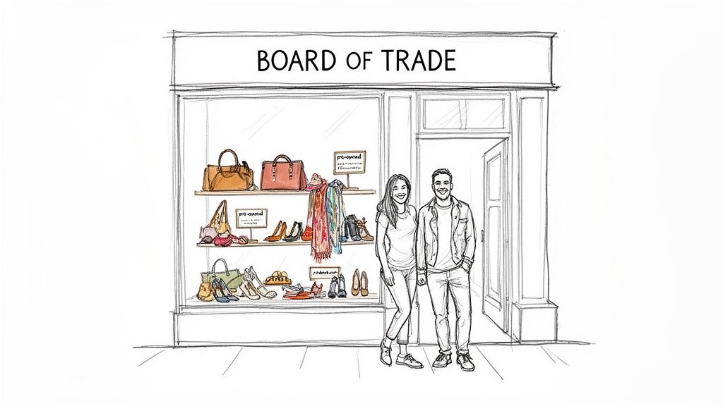 A sketch of a 'Board of Trade' storefront displaying pre-owned women's accessories, with a smiling couple.