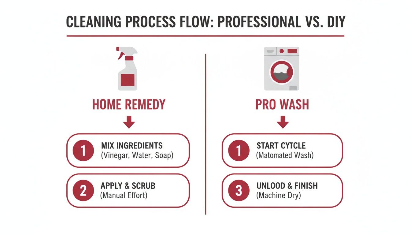 Flowchart comparing DIY home remedy cleaning steps (mix, apply, scrub) with professional machine wash process (start cycle, unload).