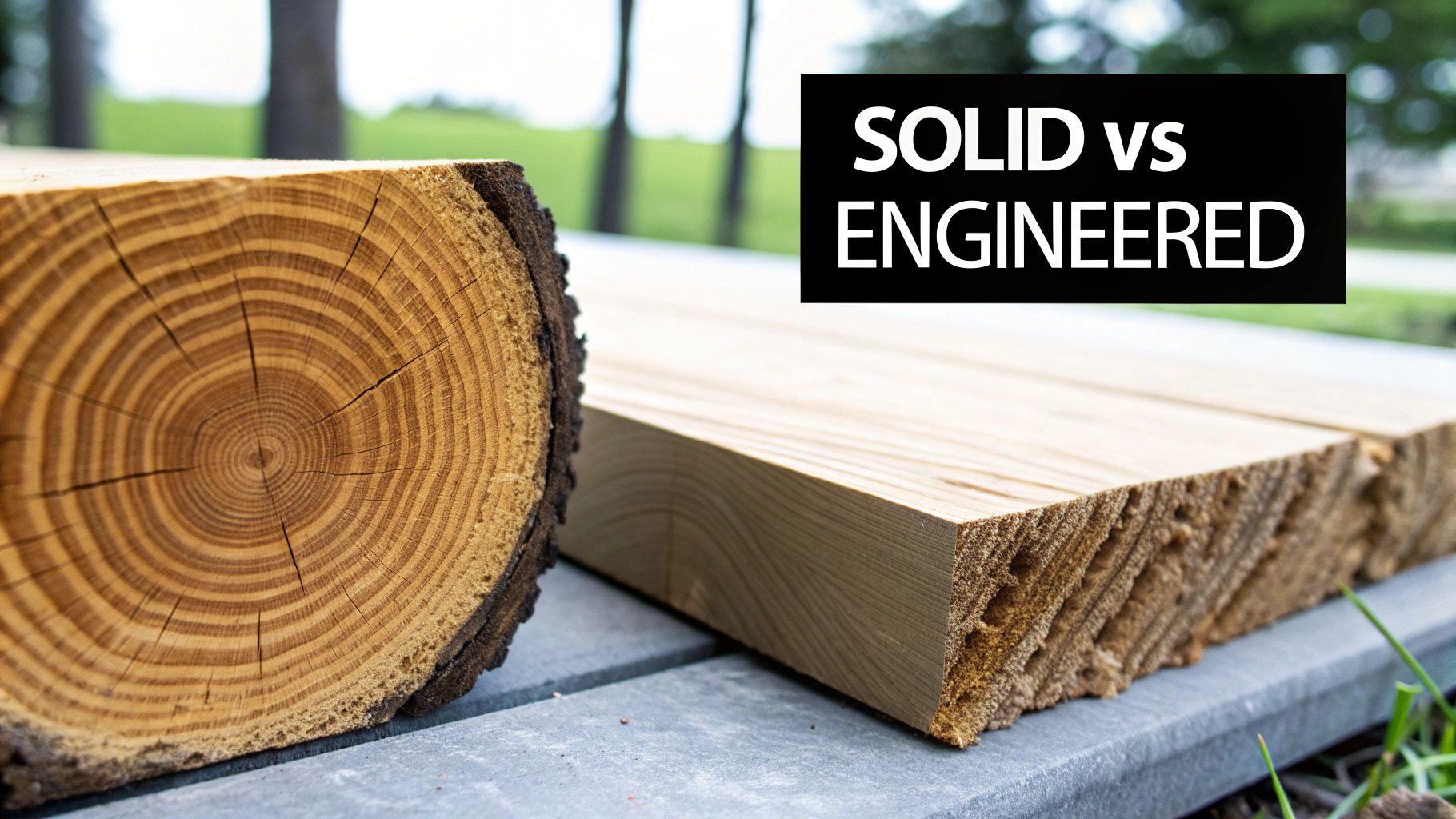 A close-up comparison of a solid wood log slice and an engineered wood plank.