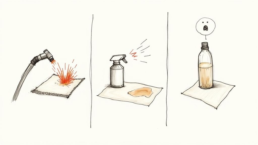 Illustration depicting attempts to clean or react to a pet urine stain on carpet.