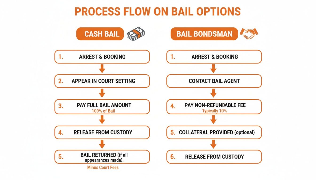 Process flow diagram comparing cash bail and bail bondsman options, detailing steps for release from custody.