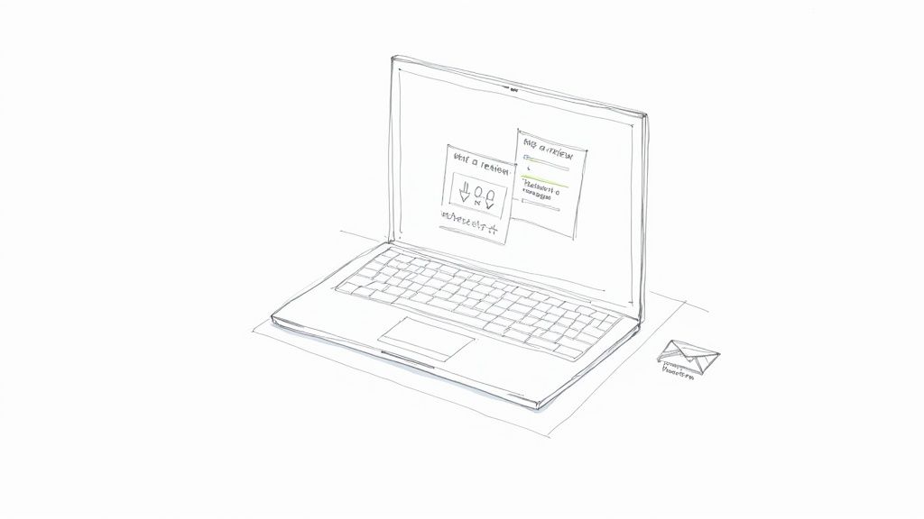 Hand-drawn illustration of a laptop showing feedback forms and an envelope on a white background.