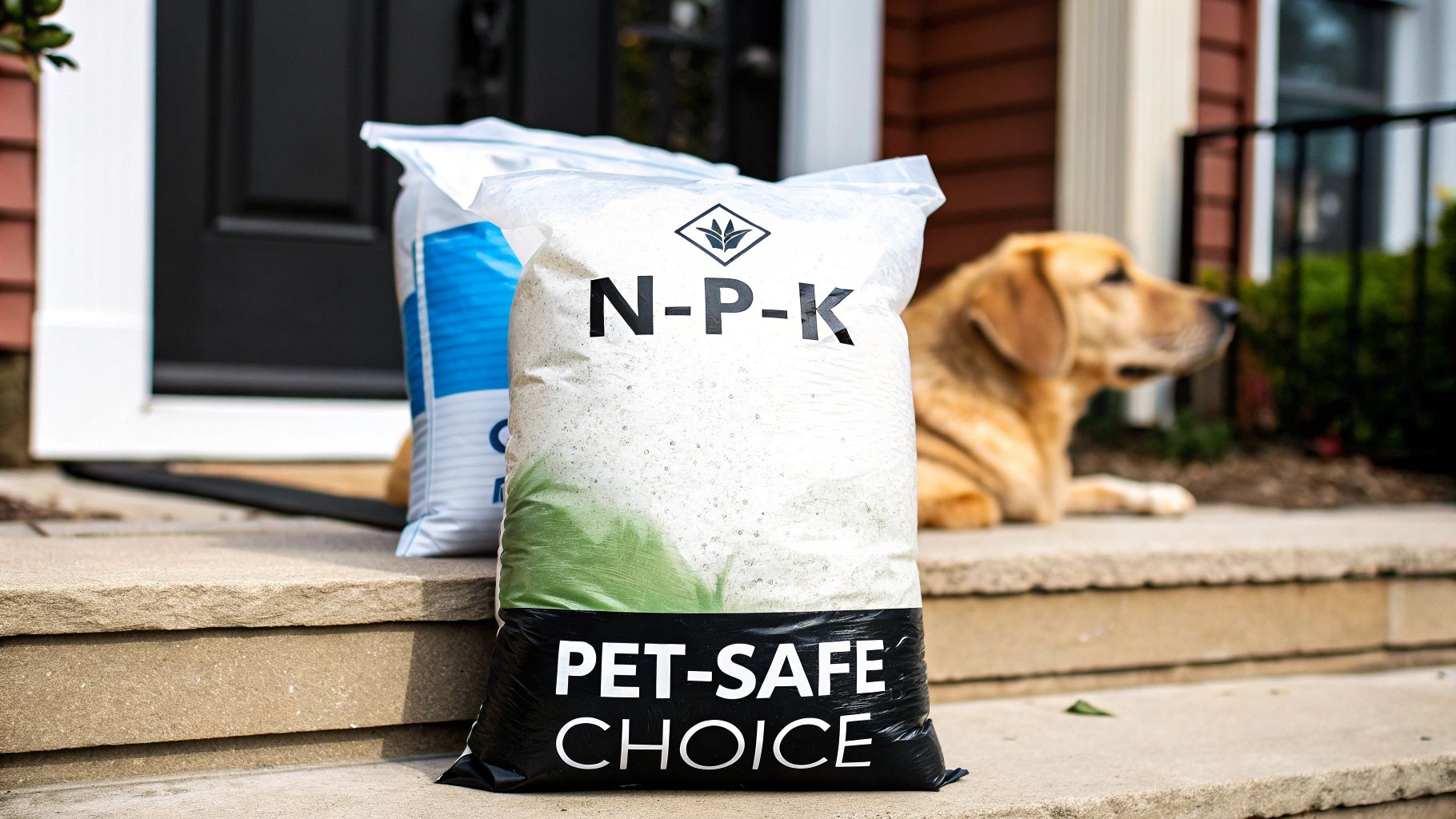 Two bags of N-P-K pet-safe fertilizer sit on a porch, with a golden retriever dog in the background.