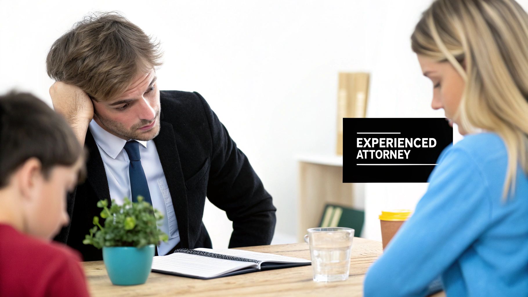 An experienced male attorney in a suit reviews documents with a woman and child during a serious meeting.