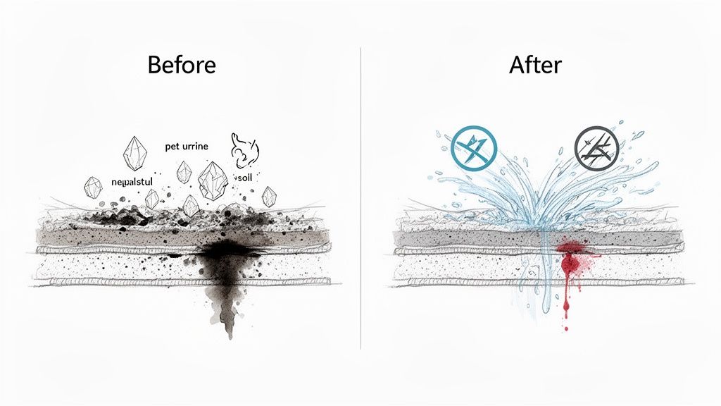 Before and After showing surface contamination penetration versus improved liquid resistance.