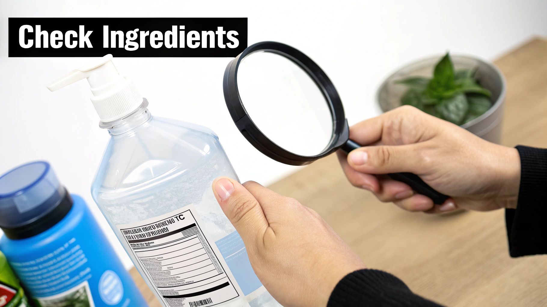 A person uses a magnifying glass to carefully examine the ingredients on a clear pump bottle.