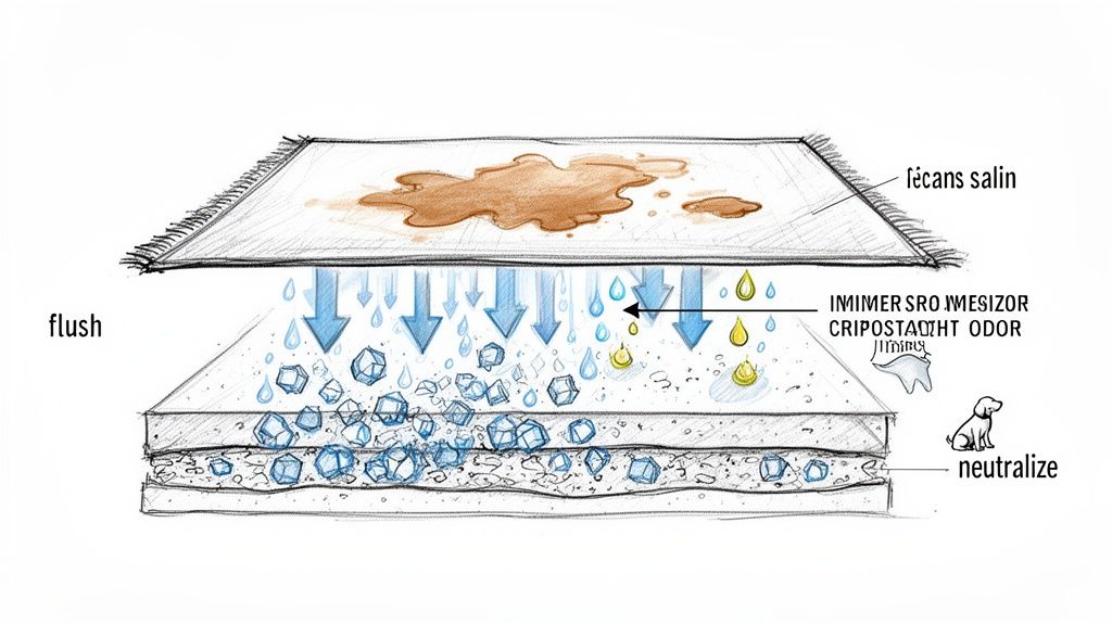 Diagram illustrating a layered rug cleaning process, flushing spills, and neutralizing odors with embedded crystals.