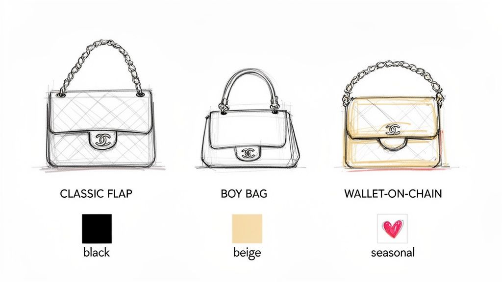 Sketches of three Chanel bag styles: Classic Flap, Boy Bag, Wallet-on-Chain, with associated color swatches.